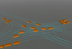 Vue de dessus d'une simulation 3D avec des parallélépipèdes représentant des véhicules.
